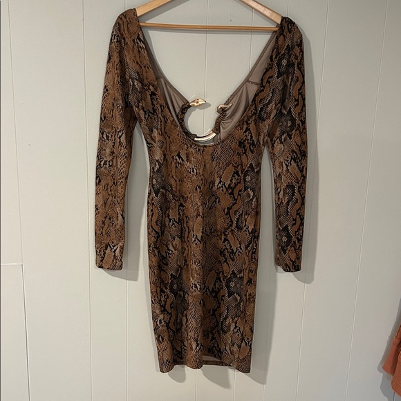 Snake Print Bodycon Dress Brown Long Sleeve Cutout Large - Picture 10 of 11